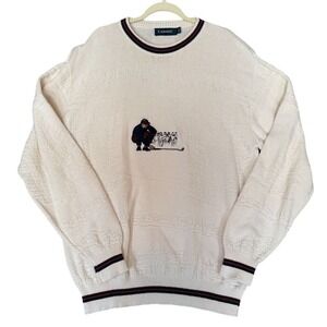 VTG Carmel‎ Men XLT Ivory Texture Sweater Embroidery Golf Grandpa Preppy Kitsch